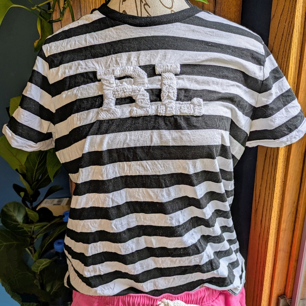 Polo Ralph Lauren Black and White Striped T-Shirt with Embroidered Letters Large